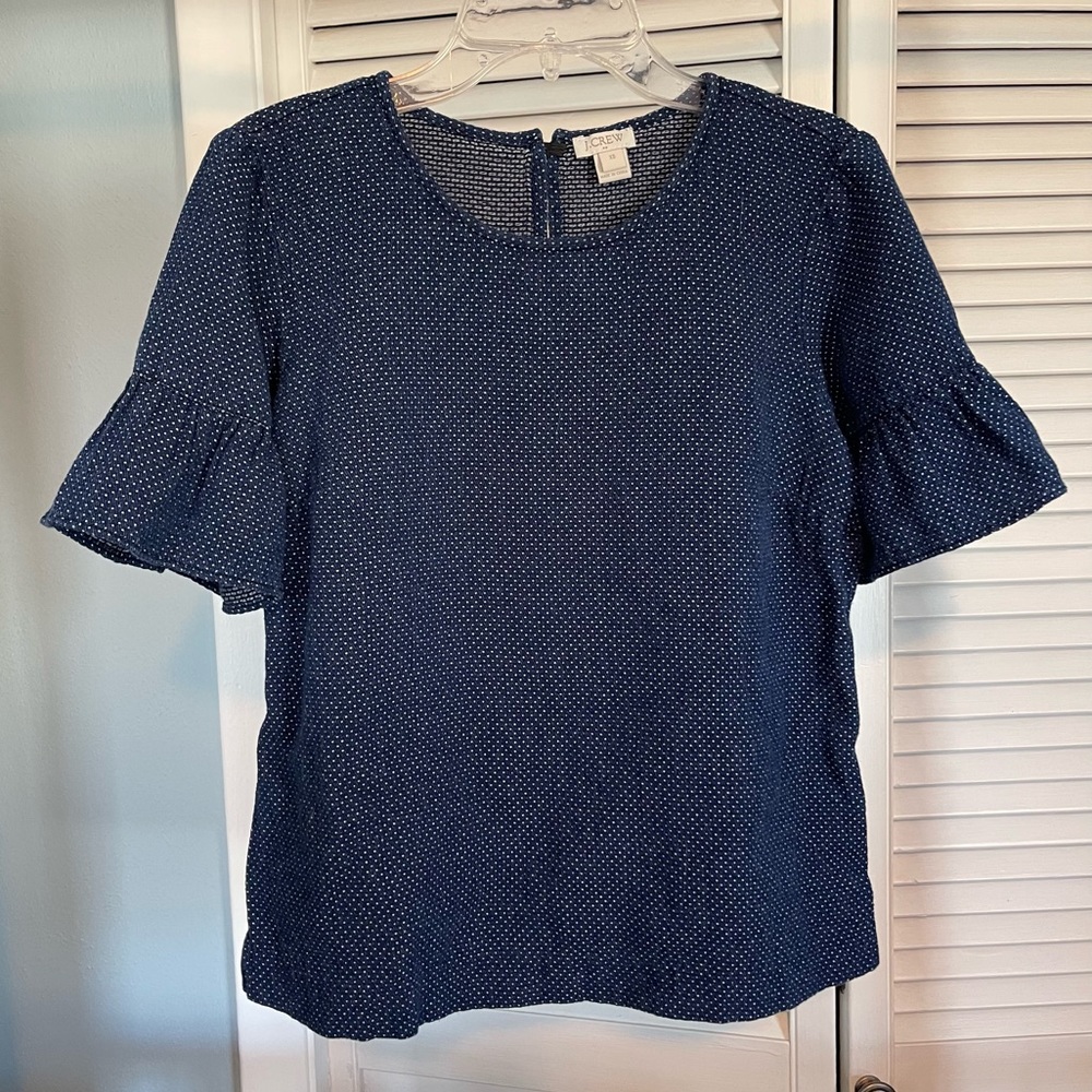 Navy and white polka dot t shirt with flutter sleeve
